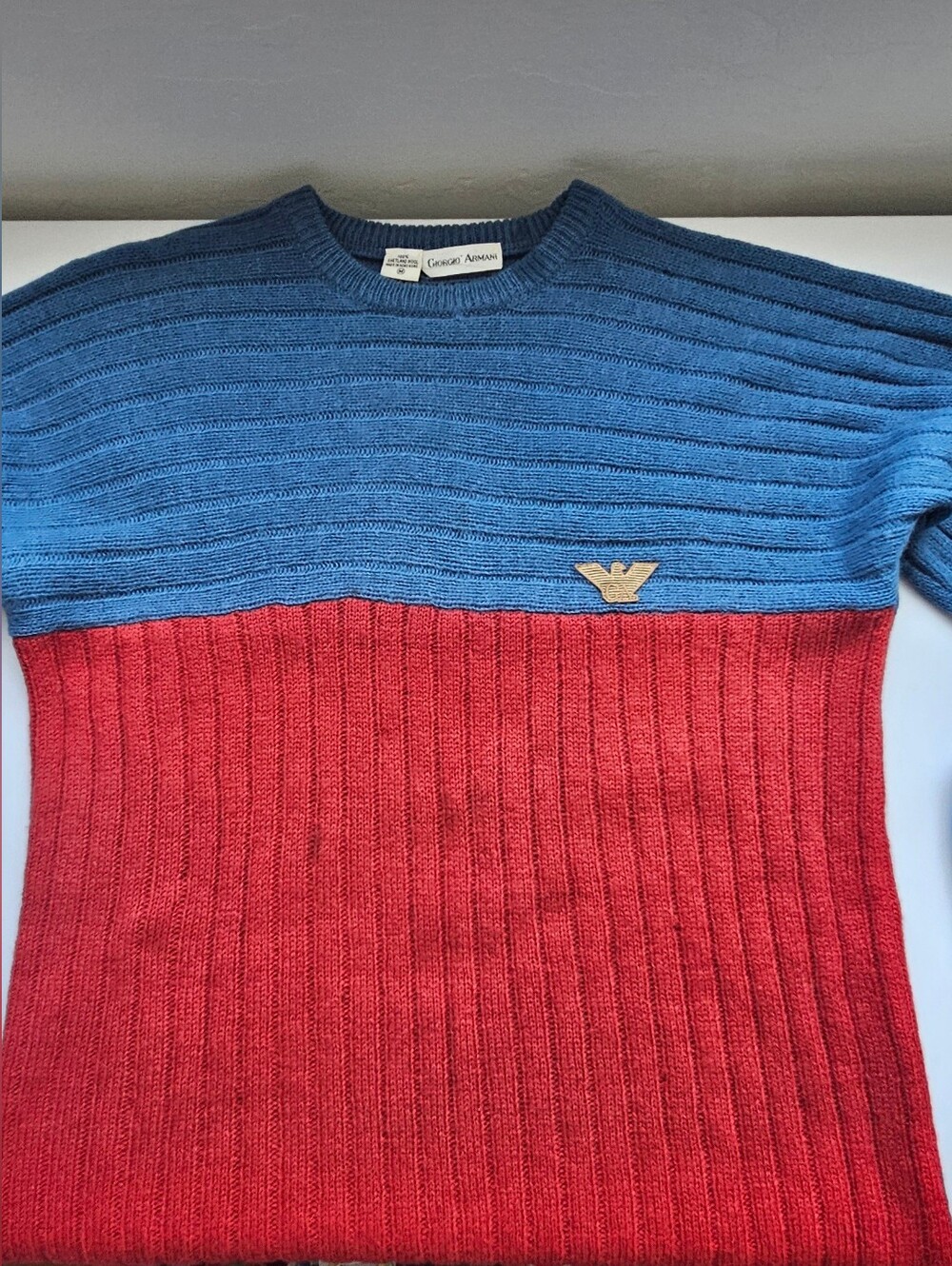 Giorgio Armani Vintage Red & Blue Wool Ribbed Logo Retro Sweater - Picture 3 of 12